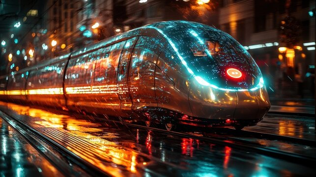 Futuristic Train Glides Through City Night, Neon Lights Reflecting, Cinematic View.