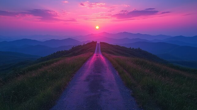 A Luminous Path Ascending Toward a Vibrant Magenta Sunset Over Blue Ridges