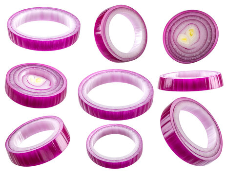 Sliced purple onion rings in various angles and perspectives