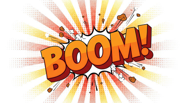 Explosive 3D boom text effect with dynamic orange and yellow rays for impactful advertising