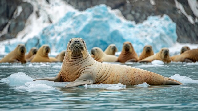Majestic Walrus Front and Center Amidst a Colony on Arctic Ice Floes
