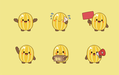 Fototapeta premium Cute Oriental melon Character Set with Various Poses and Emotions, Flat Vector Illustration