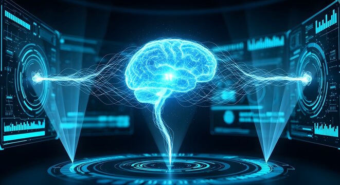 A futuristic digital illustration of a human brain connected to holographic screens and data visualizations in a dark room.