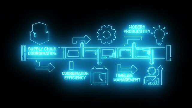 Neon-lit flowchart diagram with glowing blue icons and text on a black background, conveying business process management.