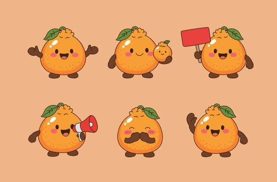 Cute Hallabong orange Character Set with Various Poses and Emotions, Flat Vector Illustration