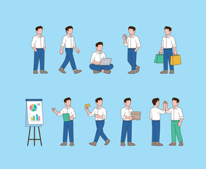 Obraz premium Business Man Character Set with Various Poses, Office Worker Flat Vector Illustration Collection