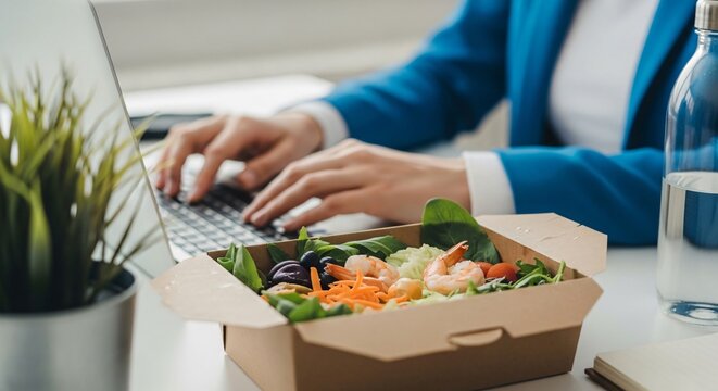 Working lunch a busy professional enjoying a healthy salad meal at their desk during work hours