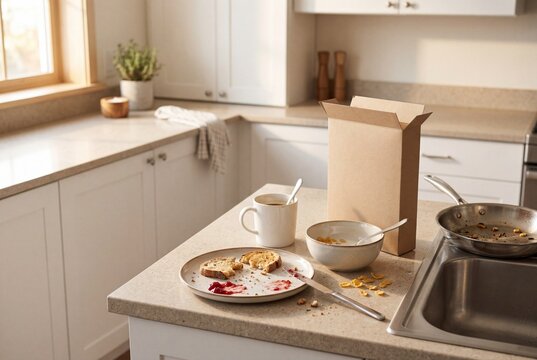 Messy kitchen counter with leftover breakfast, dirty plate, cereal bowl and coffee mug in morning sunlight. Concept of home routine, everyday life and household chores.