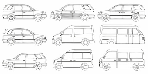 Line drawing illustration of various suv and van vehicle side profiles © Partha