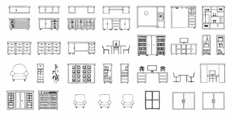 Collection of hand drawn furniture outlines desks cabinets and storage © Partha