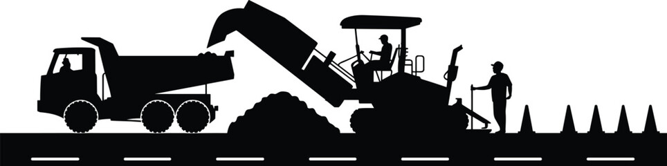 Road construction silhouette, dump truck unloading, paving machine working, construction worker directing, traffic cones safety zone, infrastructure development, transportation industry illustration  © MstGeasmin