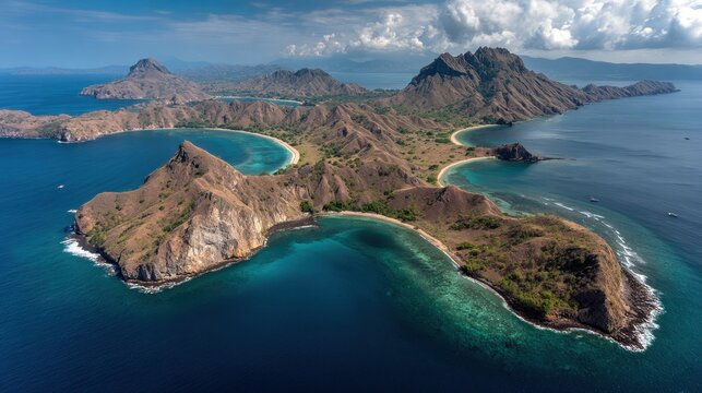 Majestic Aerial Panorama of Padar Island's Rugged Ridges and Turquoise Bays