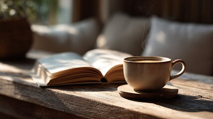 Fototapeta premium Warm sunlight on wooden table with coffee cup and book, shallow depth of field, cozy lifestyle scene with blurred background and space for text