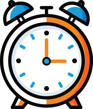 Retro alarm clock icon with orange and blue highlights showing three o clock for time management art.