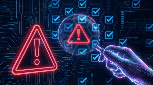 Digital hand holds magnifying glass over red warning sign and blue checkmarks on glowing dark circuit board background for cyber security risk analysi