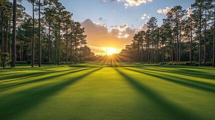 Fototapeta premium Golden Hour Golf: Sunburst on Lush Green Fairway with Towering Pines