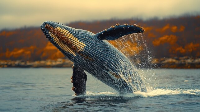 Dynamic Humpback Whale Breaching with Golden Barnacles, Splashing Water, and Warm Autumnal Hues