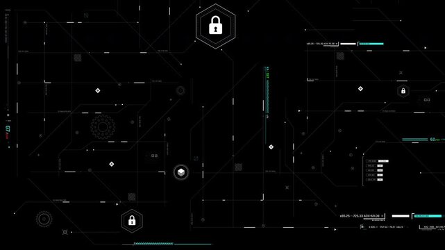 Animated cyber security interface with lock icon and digital network lines on dark background. Data protection and technology concept
