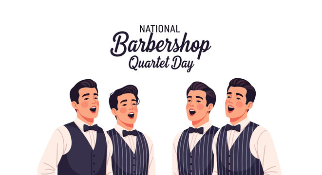 A vector illustration celebrates National Barbershop Quartet Day, depicting a male vocal quartet singing in harmony with vintage style against a clean white background, evoking a classic