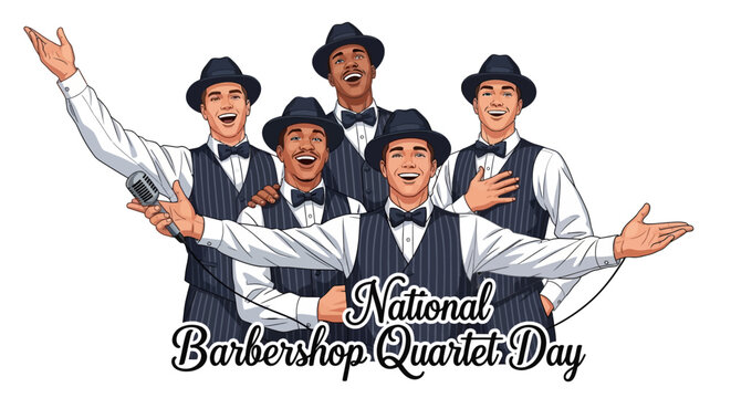 Vibrant vector illustration commemorating National Barbershop Quartet Day, showcasing a cheerful a cappella singing group in classic vests and hats, rendered in a vintage music style