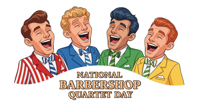 Cheerful cartoon illustration celebrating National Barbershop Quartet Day, showcasing a male vocal quartet in colorful vintage suits against a white backdrop, capturing the a cappella