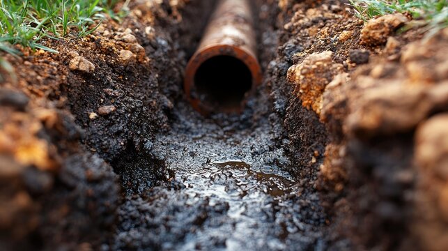 Deep Earthy Trench with Orange Pipe, Wet Soil, and Green Grass, Revealing Underground Infrastructure