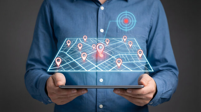 Professional in a blue shirt holds a modern tablet displaying an augmented reality map with numerous location pins and a targeting system