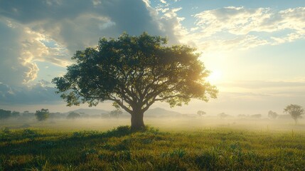 Fototapeta premium Serene Dawn Landscape: A Majestic Lone Tree Illuminated by Golden Sunbeams in a Foggy Meadow.