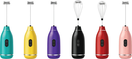 Collection of colorful electric milk frothers portable handheld whisks for coffee and drinks isolated on white background © Zohaib