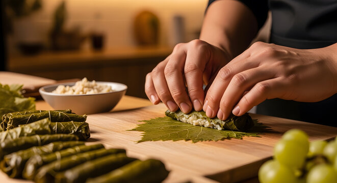Close up of hands carefully wrapping stuffed vine leaves on wooden board