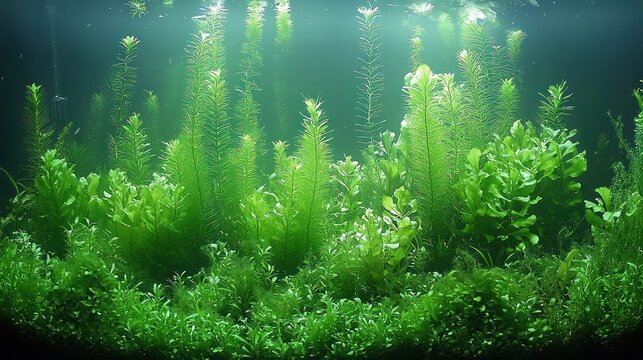 Lush Underwater Forest of Vibrant Green Plants in a Mystically Lit Aquascape