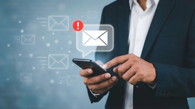 Professional person interacting with a mobile phone displaying an important email notification amidst a secure digital communication network