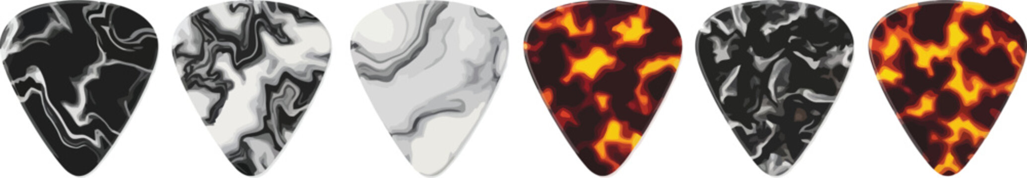 Collection of guitar picks with marbled and tortoiseshell patterns isolated on white background perfect for music-related designs
