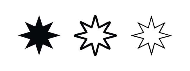 Obraz premium Sharp 8-pointed star sparkle icons in silhouette, bold outline, and minimal line art