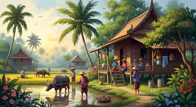 Busy Village Life Illustration with River Farmers Buffalo and Traditional Houses