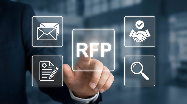 Professional hand tapping glowing virtual RFP button surrounded by business icons on a modern digital interface for proposal processes