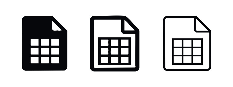 Table document file icon set, spreadsheet symbol, isolated on white background