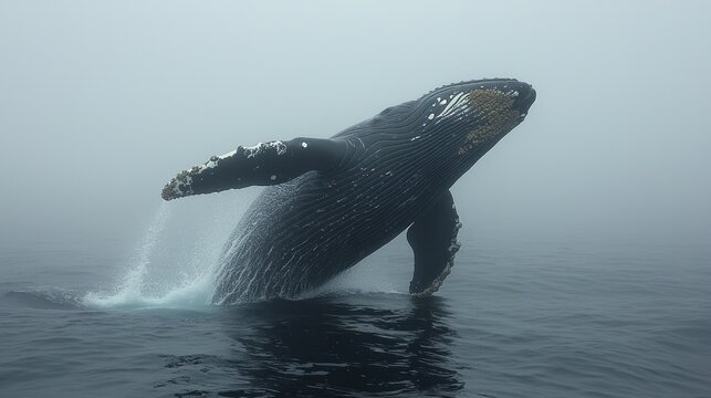 Humpback Whale Breaching in Foggy Ocean, Barnacles Visible, Dramatic Splash