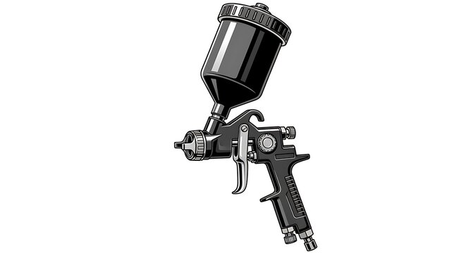 Detailed of a black paint spray gun with a top-mounted gravity feed canister cup sprayer tool