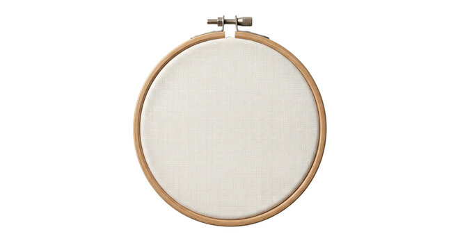 Blank white fabric stretched in round wooden embroidery hoop