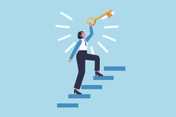 Obraz premium Woman climbs stairs towards a golden key symbolizing success and opportunity