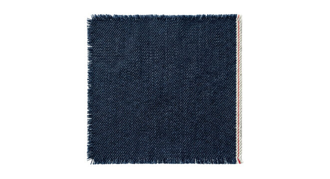 Square dark blue denim fabric swatch with fringed edge