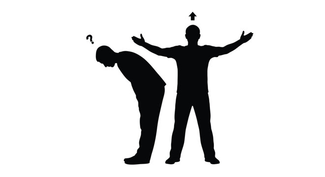This compelling vector graphic illustration depicts two male silhouettes, one confused and looking down, the other with a clear upward arrow indicating solution and progress.