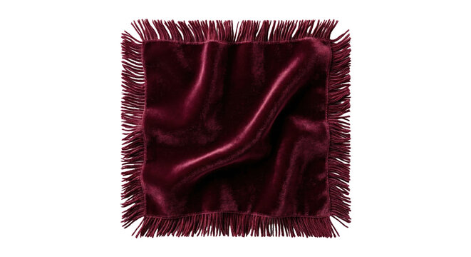 Square burgundy velvet fabric swatch with delicate fringed edges