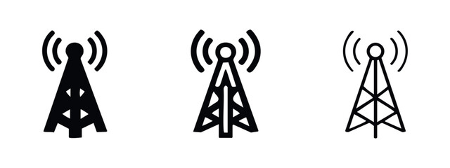 Communication Antenna Tower Icon Set, Mobile Network Signal Mast Vector, Broadcast Transmitter Station Icons