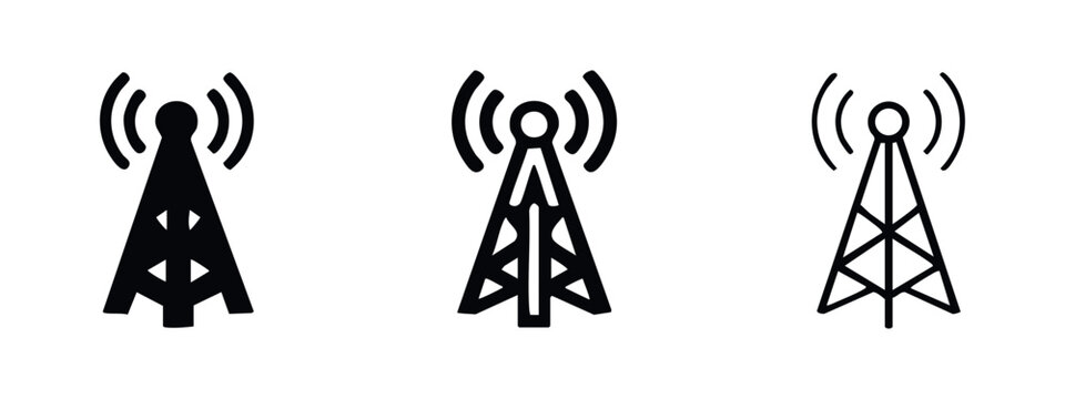 Communication Antenna Tower Icon Set, Mobile Network Signal Mast Vector, Broadcast Transmitter Station Icons