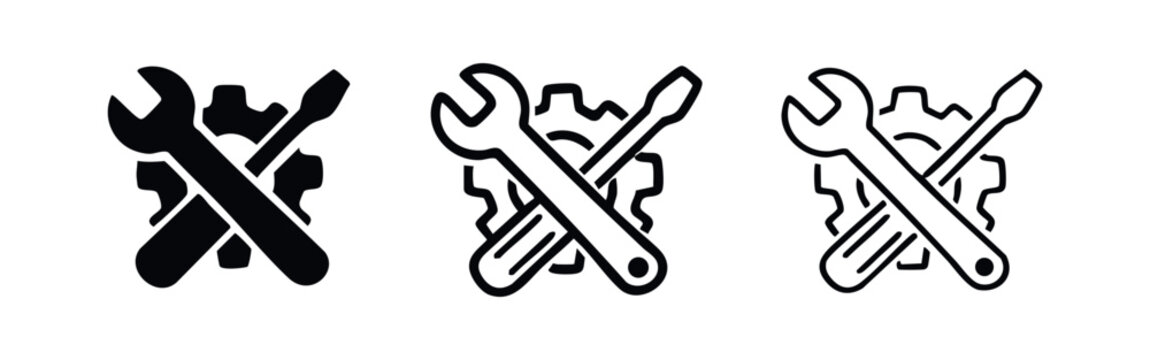 Crossed wrench and screwdriver with gear icon set, signifying technical support, repair, and engineering.