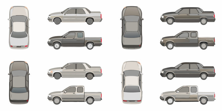Overhead view of various silver and gray pickup trucks and sedans