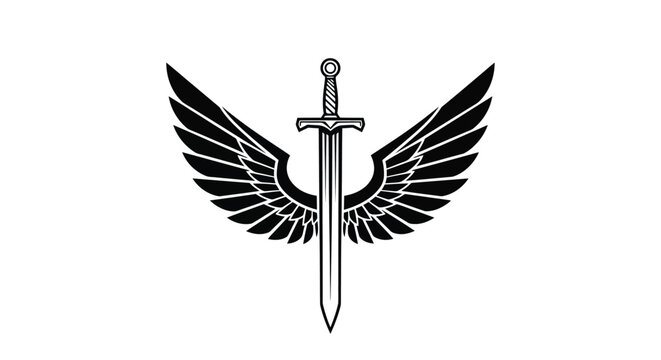 Sharp and detailed vector graphic illustration featuring a majestic sword paired with stylized eagle wings perfect for creative emblems logos badges or various artistic design projects