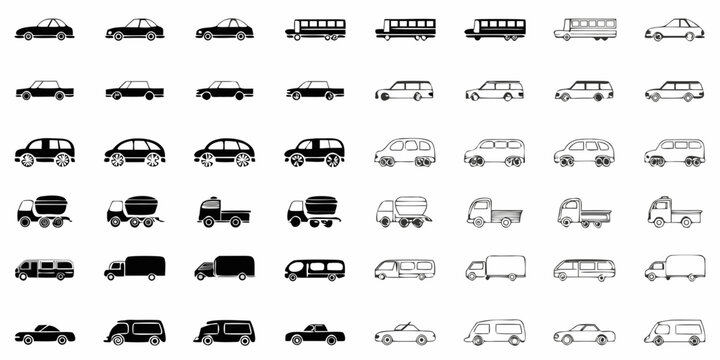 Collection of various black and white vehicle icons in a grid arrangement